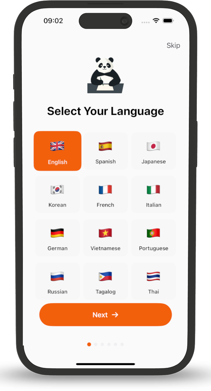 Language selection screen showing 12 supported languages including English, Spanish, French, German, Italian, Portuguese, Korean, Japanese, Russian, Tagalog, Vietnamese, and Thai