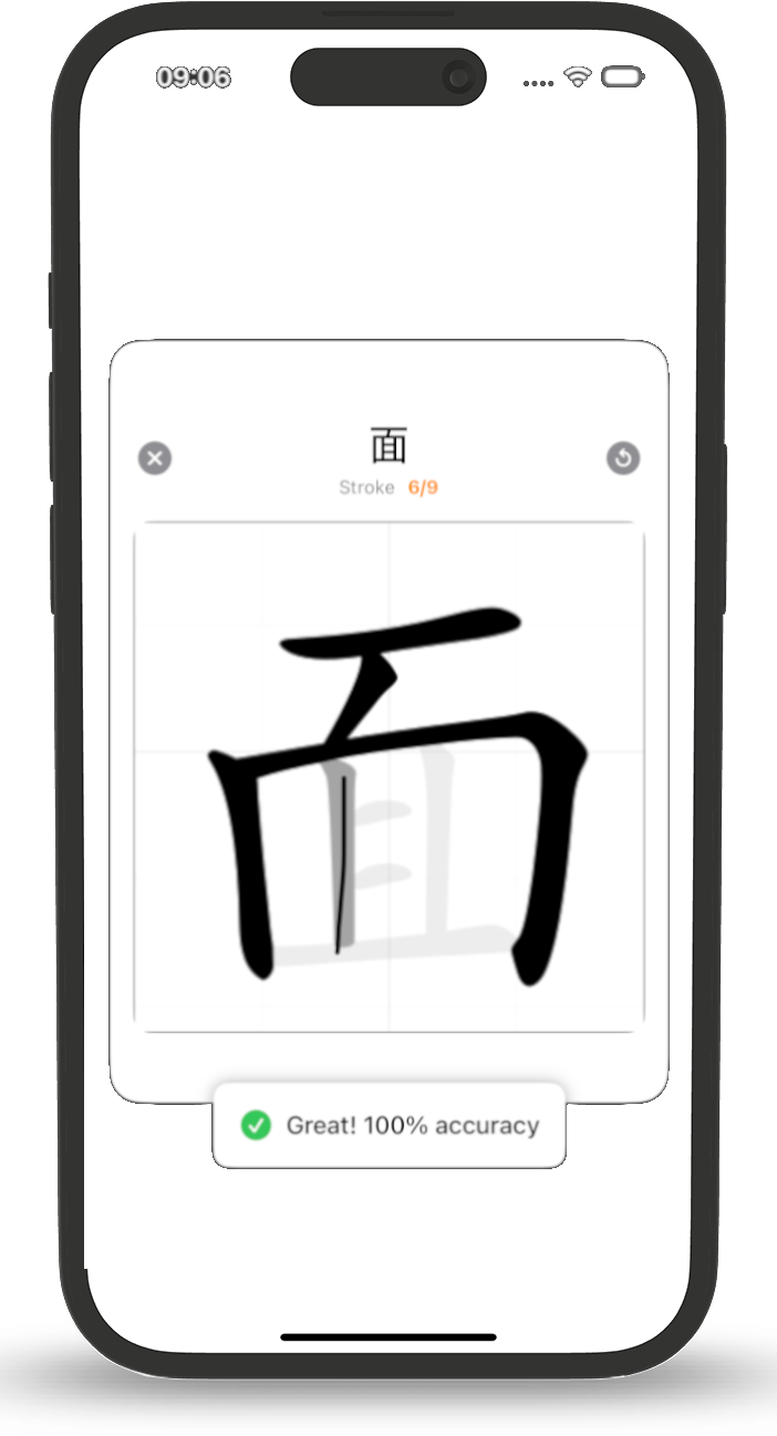 Stroke-by-stroke calligraphy practice showing animated character writing guidance for both simplified and traditional Chinese characters